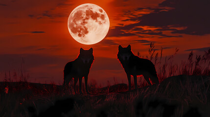  Artistic wolf illustration featuring two wolves under a glowing full moon, blending nature and mysticism, ideal for themes of wilderness, strength, and nocturnal beauty. Nocturnal. Illustration