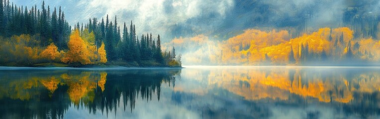 Wall Mural - Colors of nature reflect in tranquil lake during autumn morning mist in peaceful forest