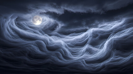 Asperitas clouds illuminated by a full moon creating an eerie nocturnal scene. Nocturnal. Illustration