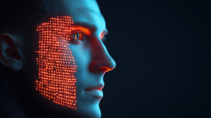 Poster - Futuristic portrait showcasing digital facial recognition technology with glowing binary patterns on face, emphasizing innovation and technology