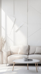 Wall Mural - Minimalist living room with muted tones, white walls, a soft sofa, and subtle geometric elements on the walls