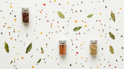 Aufkleber - Small jars filled with vibrant spices, surrounded by bay leaves and scattered aromatic ingredients, creating a colorful display with text space. Generative AI