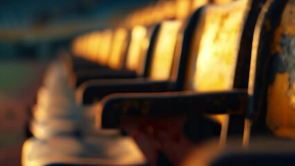 Aufkleber - Rows of weathered and worn stadium seats bask in the golden light of a setting sun, hinting at past glories and the anticipation of future events