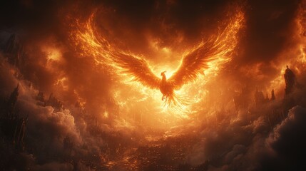 Wall Mural - Fiery phoenix ascends above burning city.