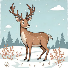 Wall Mural - Charming deer in a snowy landscape with evergreen trees and gentle sky, digital art of nature illustration concept.
