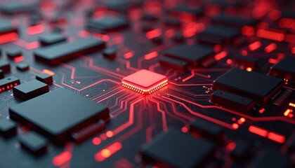 Leinwandbilder - 3d circuit board with red glowing lines, black components. High tech futuristic design with energy flow. Abstract, modern style. Close up view shows complex system. Concept for ai, tech, future
