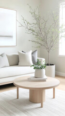 Wall Mural - Minimalist living room with light wood tones, simple linen cushions, and subtle gray and white accents for harmony