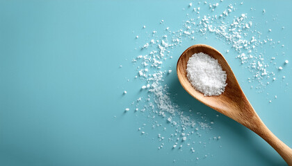 Wall Mural - Wooden spoon on blue pastel background with a little salt scattered around it