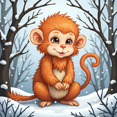 Canvas Print - Cute orange monkey sitting in snowy winter wonderland with trees, digital art of character design concept.