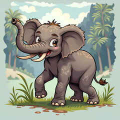 a playful young elephant in a vibrant jungle landscape with tropical foliage, digital illustration o