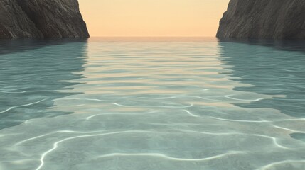 Poster - Serene teal water flows between two rocky cliffs at sunset.  A tranquil and peaceful scene.