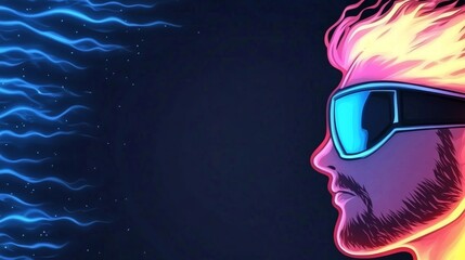 Canvas Print - Stylized portrait of a man with fiery hair, wearing futuristic goggles against a vibrant blue and pink background.