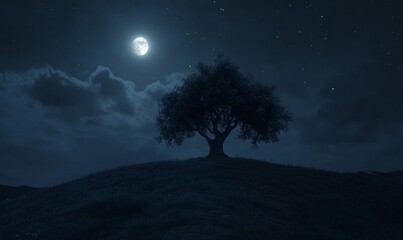 Wall Mural - A lone tree stands majestically on a hill under a dramatic night sky, illuminated by moonlight