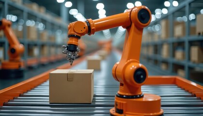 Poster - Automated robotic arm handles cardboard box on production line in warehouse. Modern tech automates logistics. Orange robotic arm works efficiently. Boxes move on conveyor belt. Warehouse environment