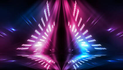 Wall Mural - neon tunnel with geometric lamps, pink and purple light, dark corridor, futuristic dark neon portal.