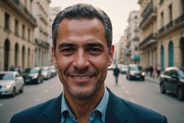 Wall Mural - Close portrait of a smiling 40s Cuban businessman looking at the camera, Cuban big city outdoors blurred background