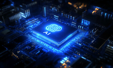 Aufkleber - High-tech digital landscape showcasing artificial intelligence processing unit at night in a futuristic city