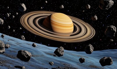 Wall Mural - a vibrant depiction of saturn with its rings surrounded by asteroids in space
