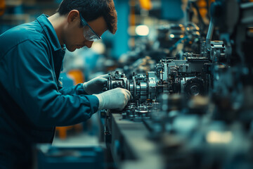 Poster - Mechanic skillfully disassembling machinery in a busy workshop environment