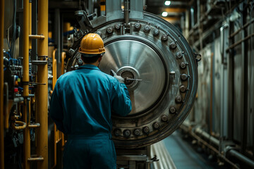 Poster - Mechanic working diligently in a modern industrial facility during evening hours