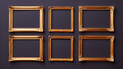 Wall Mural - Set of six empty gold frames arranged symmetrically on a dark purple background. Flat lay composition with copy space. Minimal and decorative design for creative projects and mockups.

