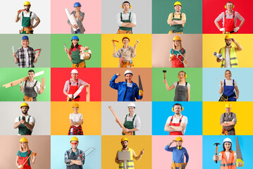 Wall Mural - collage of many carpenters on color background