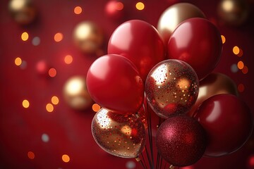 Poster - Red, gold balloons float on red background with bokeh lights. Festive, celebratory. Ideal for birthday party Christmas New Years party. Red, gold colors evoke joy, excitement. Celebratory scene