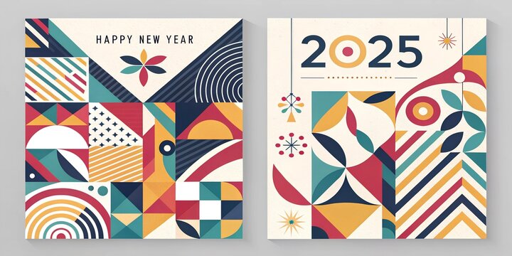 Creative concept of Happy New Year 2025 cards set. Modern abstract art design with geometric shapes. Templates for celebration, ads, branding, banner, cover, label, poster, sales