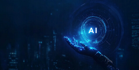 Aufkleber - Hand reaching towards glowing AI symbol in a futuristic digital environment at night