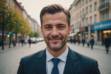 Wall Mural - Close portrait of a smiling 40s Kosovar businessman looking at the camera, Kosovar big city outdoors blurred background