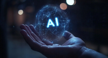 Poster - Hand holding glowing AI sphere at night showcasing technology and innovation