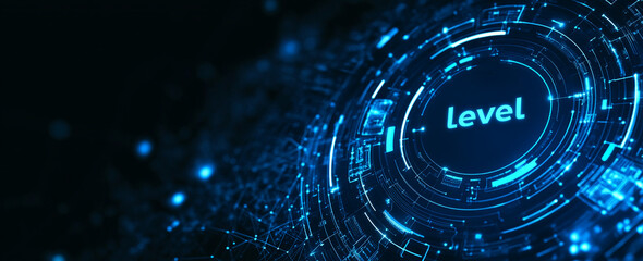 Poster - Digital design showcasing a futuristic level indicator with glowing blue patterns in a dark background