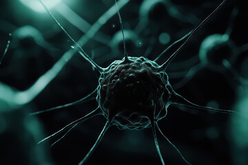 Poster - Closeup view of neuron highlighting its intricate structure and connections, showcasing beauty of cellular biology in dark, moody atmosphere