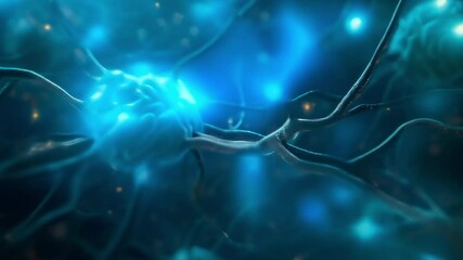 Aufkleber - Glowing neuron transmitting signals in nervous system, neural network, brain function, synapse, neurotransmitters, nerve cells, electrical impulses, and biological processes