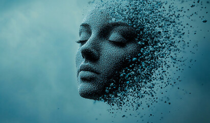 Poster - Woman's face dissolving into particles against a soft blue background, illustrating transformation and change in art
