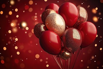 Poster - Red balloons with gold glitter. Holiday party theme. Anniversary or birthday celebration. Festive occasion. Red background with sparkling lights. Perfect for social media cover or banner.