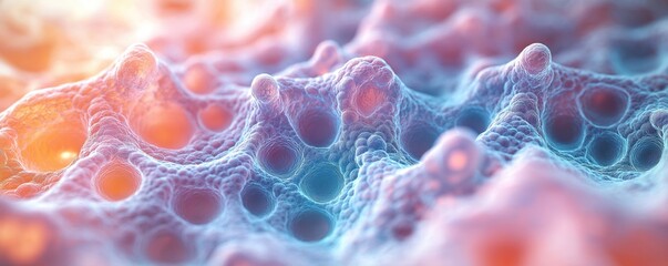Leinwandbilder - Microscopic vesicles magnified show thin lipid bilayer. Mini cellular membrane structure. Abstract colourful view. Science photo. Bio tech study. Cellular structure magnified. Detail of cellular