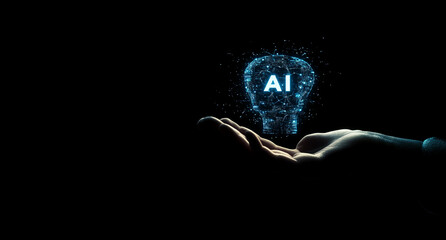 Aufkleber - Innovative concept of artificial intelligence represented by a glowing skull symbol in a hand against a dark background