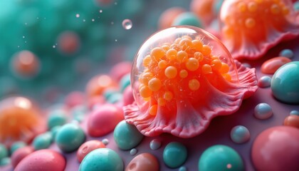Poster - Abstract 3D rendering of microscopic amoebas. Colorful micro-organisms shown in stylized way. Abstract shapes in liquid environment. Scientific illustration. High magnification view of cellular