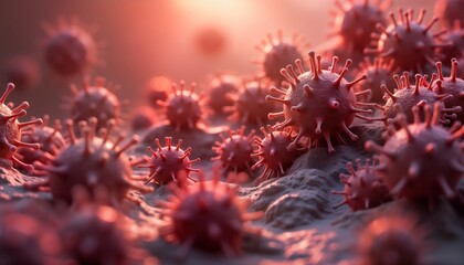 Poster - Abstract 3D render of microscopic viruses. Reddish pink virus particles cluster on surface. Scientific illustration virus structure, cellular interactions. Microbiology research photo perfect for