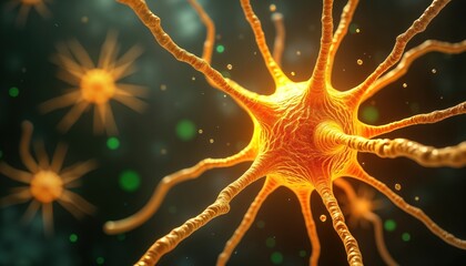 Poster - Glowing nerve cells send electrical signals in brain. Neural activity shows complex interconnections. Microscopic view of brain activity. Neurological pathways demonstrate rapid communication between