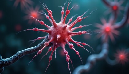 Poster - Microscopic view of active neuron cells. Complex network of nerve cells with electrical signals. Biological activity highlighted in vibrant pink, dark blue tones. Medical illustration. Focus on