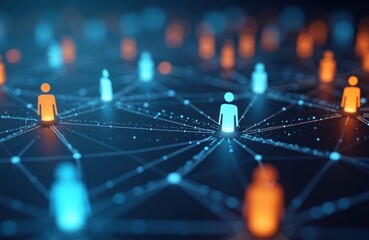 Poster - Digital network visualization. People figures connected by glowing lines. Blue, orange lights create interconnected grid. Abstract representation of communication, tech. Futuristic concept of global