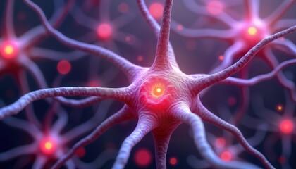 Poster - Microscopic view of active nerve cells exchanging electrical signals in brain. Neural activity, communication, energy transfer visually represented. Illustrates complex network of nerve cells.