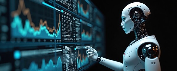 Poster - AI robot analyzes big data on multiple screens. Humanoid robot interacts with complex charts, data visualizations. Future tech concept. Automated data analysis. Intelligent machine learning. Advanced