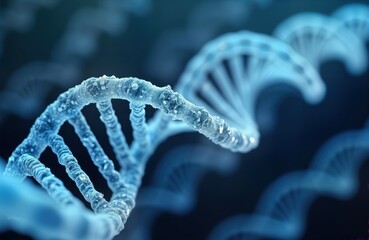 Poster - Detailed close-up view of DNA double helix. Modern tech visualizes complex molecular structure. 3D rendering shows intricate spiral pattern of deoxyribonucleic acid. Abstract illustration of gene.