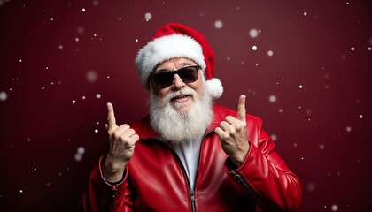 Wall Mural - Trendy Santa Claus, wearing sunglasses and a red leather jacket, stands against a festive snowy background. Perfect image for adding a modern twist to traditional Christmas themes.

