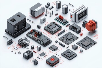 Poster - Exploded view graphic shows tech product components. Modern design infographic device parts. Detailed tech illustration explains intricate system. Tech illustration gives clear view of interior