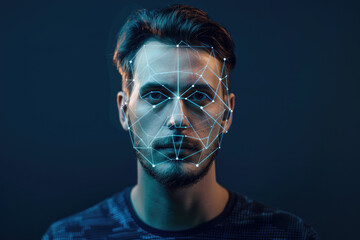 Poster - Facial recognition technology, face of young man with digital glowing lines of biometric data, portrait of person on dark blue background. Concept of identification