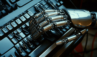 Aufkleber - Robot hand typing on a keyboard in a modern workspace during daylight